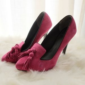 Monica Chiang pink tassels black piping heels sz 7